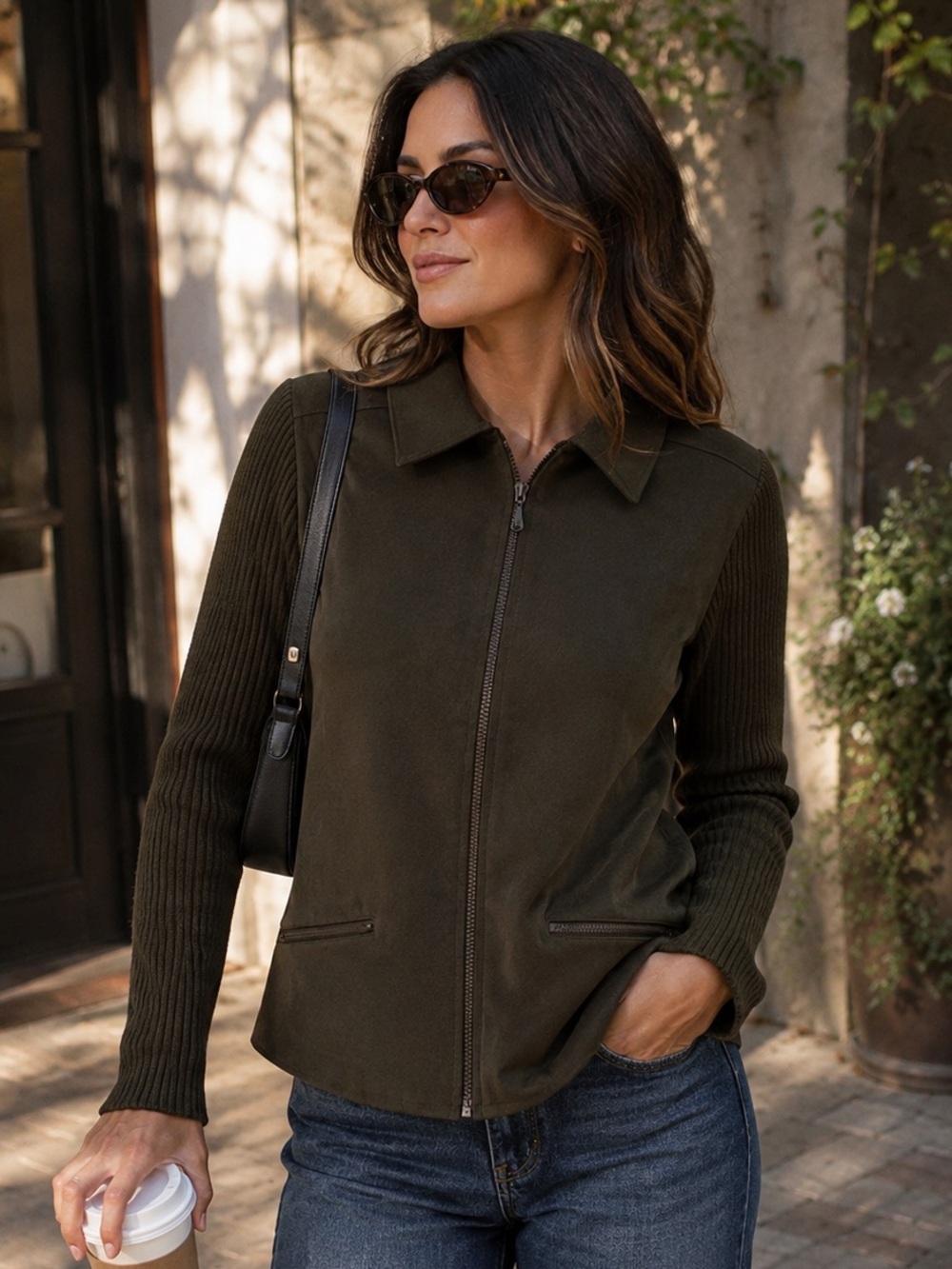 Real Clothes Saks Fifth Avenue Dark Olive Ribbed Sleeve Zip Jacket S Y2K